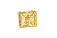 14KT Gold Ring Men's Square St. Jude Sunray Background Greek Border Double Row White CZ Stones Edge Border Plain Band
