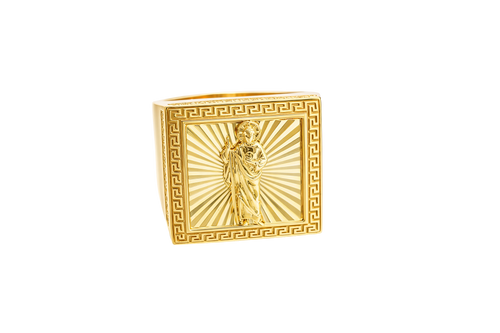 14KT Gold Ring Men's Square St. Jude Sunray Background Greek Border Double Row White CZ Stones Edge Border Plain Band