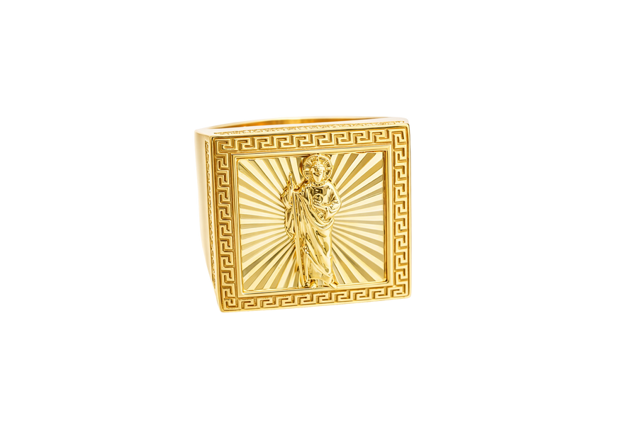 14KT Gold Ring Men's Square St. Jude Sunray Background Greek Border Double Row White CZ Stones Edge Border Plain Band