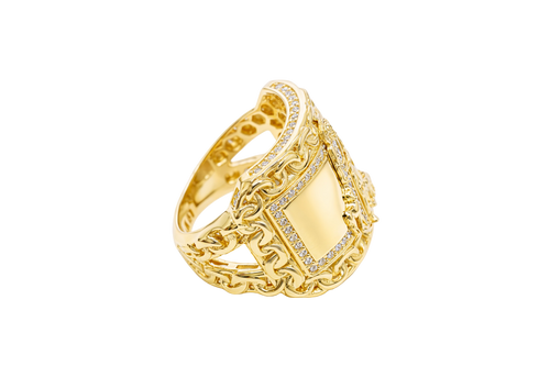 14KT Gold Ring Men's St. Lazarus Rectangle Chino Borders with White CZ Top/Side Stones