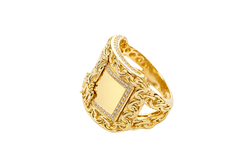 14KT Gold Ring Men's St. Lazarus Rectangle Chino Borders with White CZ Top/Side Stones