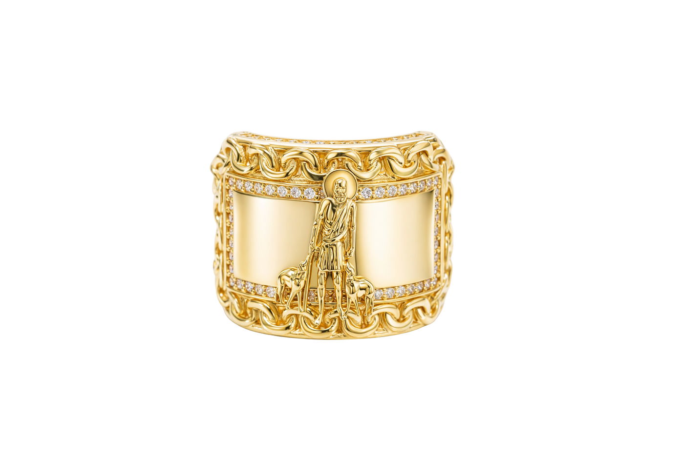 14KT Gold Ring Men's St. Lazarus Rectangle Chino Borders with White CZ Top/Side Stones