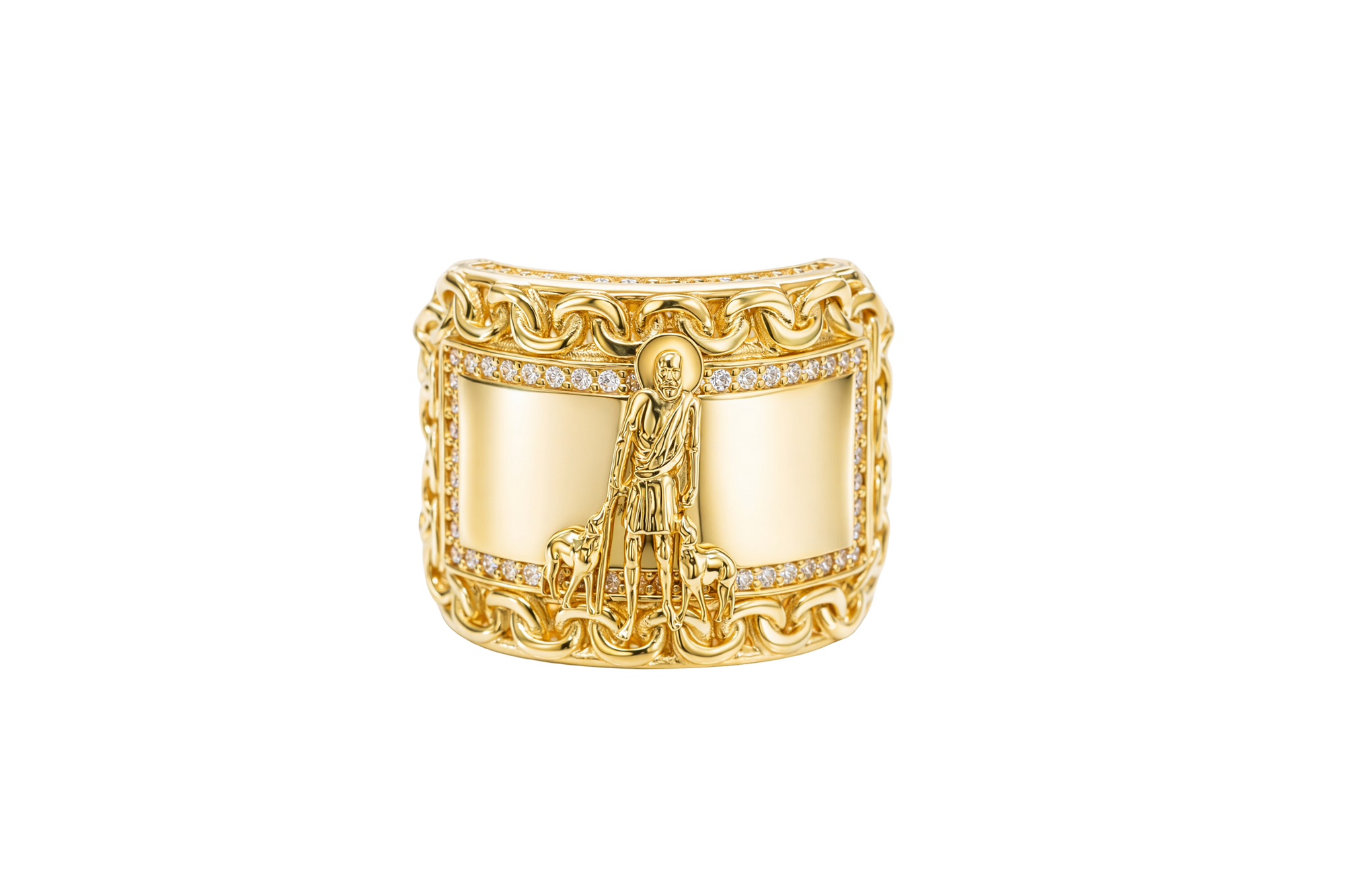 14KT Gold Ring Men's St. Lazarus Rectangle Chino Borders with White CZ Top/Side Stones