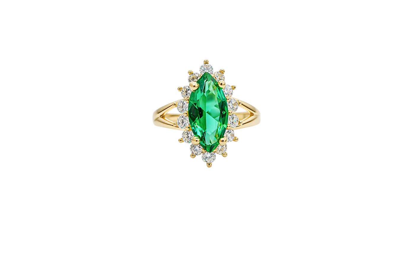 14KT Women's Gold Ring Jumbo Dark Green Marquise Center CZ with Round White CZ Stones Border and Plain Split Band