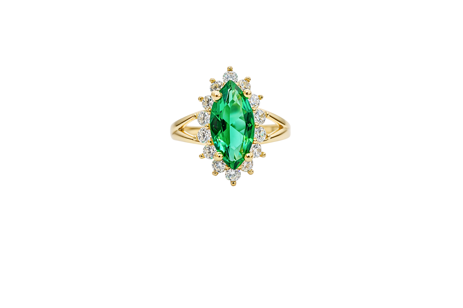 14KT Women's Gold Ring Jumbo Dark Green Marquise Center CZ with Round White CZ Stones Border and Plain Split Band