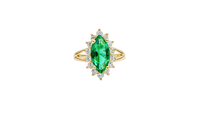 14KT Women's Gold Ring Jumbo Dark Green Marquise Center CZ with Round White CZ Stones Border and Plain Split Band