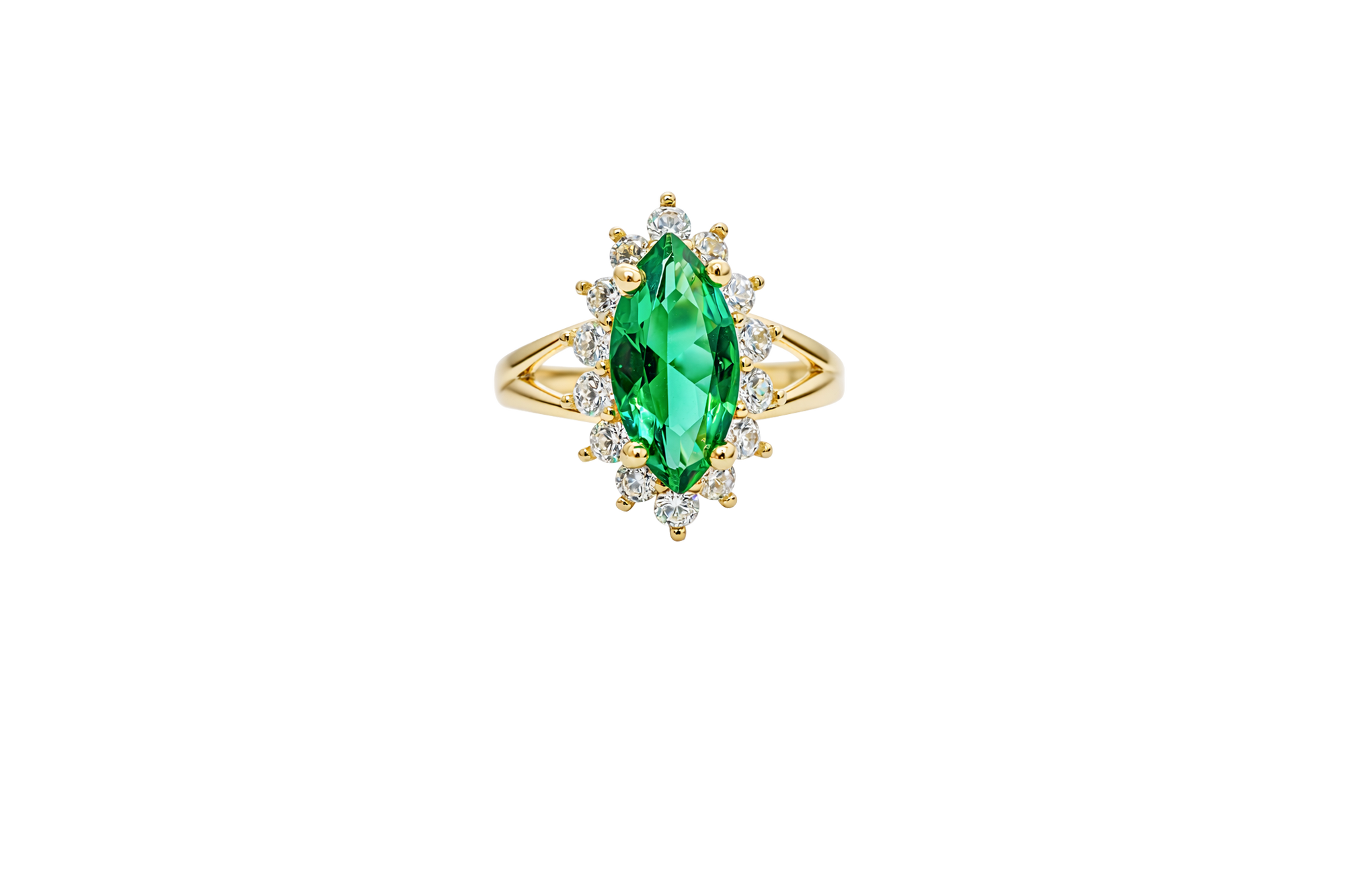 14KT Women's Gold Ring Jumbo Dark Green Marquise Center CZ with Round White CZ Stones Border and Plain Split Band