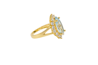 14KT Women's Gold Ring Jumbo Light Blue Marquise Center CZ with Round White CZ Stones Border and Plain Split Band