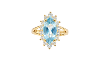 14KT Women's Gold Ring Jumbo Light Blue Marquise Center CZ with Round White CZ Stones Border and Plain Split Band
