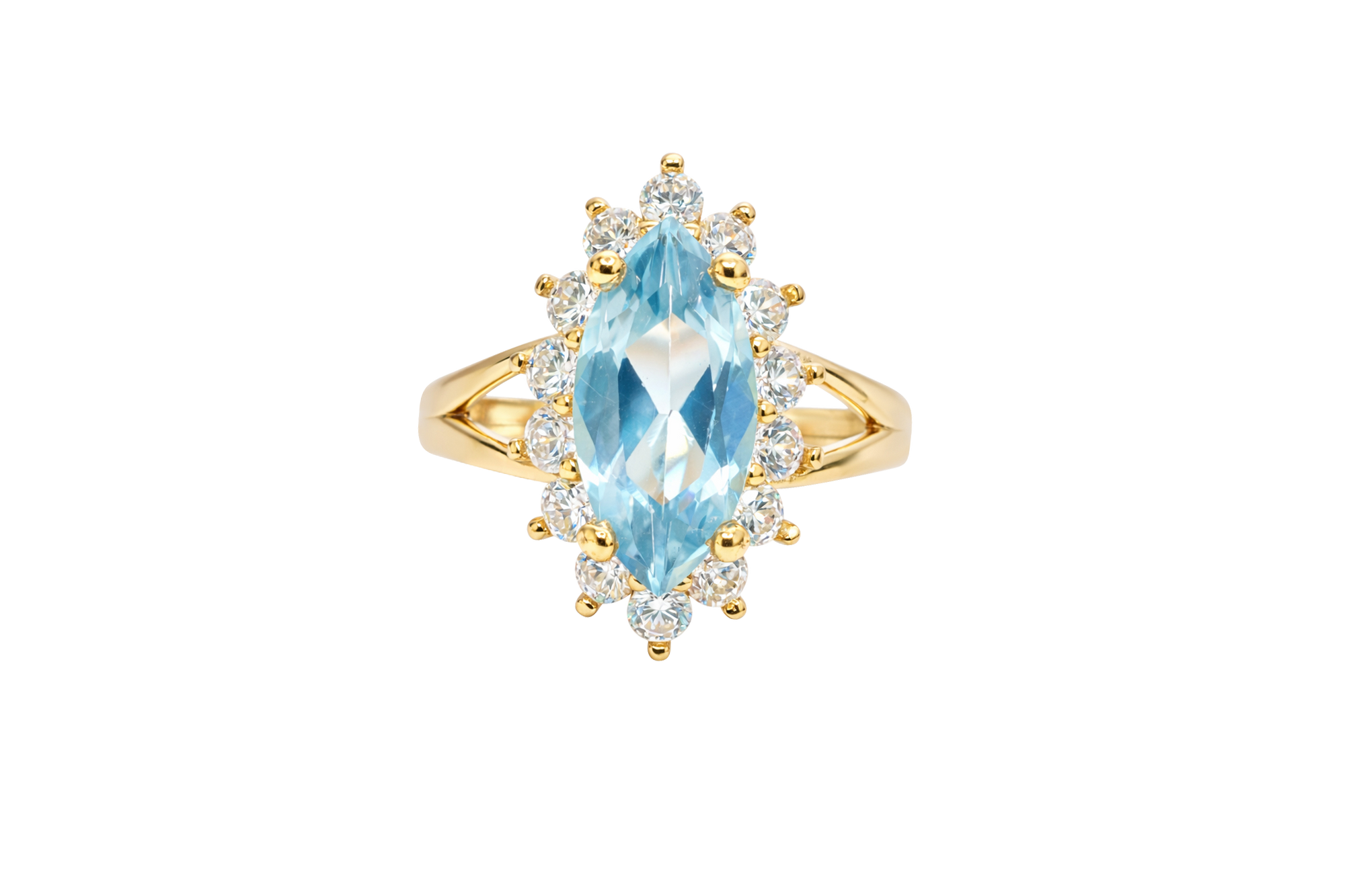 14KT Women's Gold Ring Jumbo Light Blue Marquise Center CZ with Round White CZ Stones Border and Plain Split Band