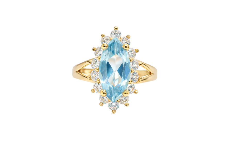 14KT Women's Gold Ring Jumbo Light Blue Marquise Center CZ with Round White CZ Stones Border and Plain Split Band