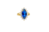 14KT Women's Gold Ring Jumbo Navy Blue Marquise Center CZ with Round White CZ Stones Border and Plain Split Band