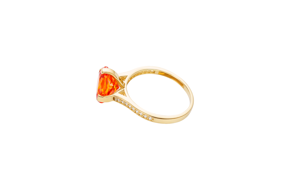14KT Gold Ring Women's Octagon Rose Jumbo 4 Prong Orange CZ Center Stone with Round White Pave CZ Stone Band
