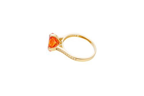 14KT Gold Ring Women's Octagon Rose Jumbo 4 Prong Orange CZ Center Stone with Round White Pave CZ Stone Band