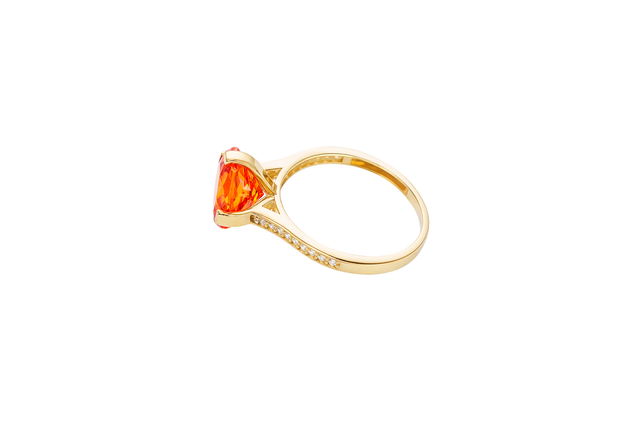 14KT Gold Ring Women's Octagon Rose Jumbo 4 Prong Orange CZ Center Stone with Round White Pave CZ Stone Band