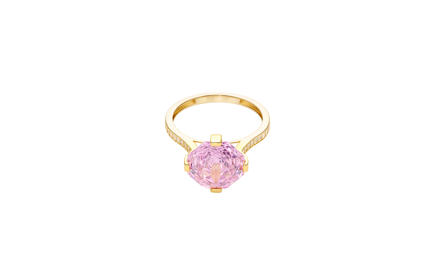 14KT Gold Ring Women's Jumbo 4 Prong Octagon Rose Pink CZ Center Stone with Round White Pave CZ Stone Band