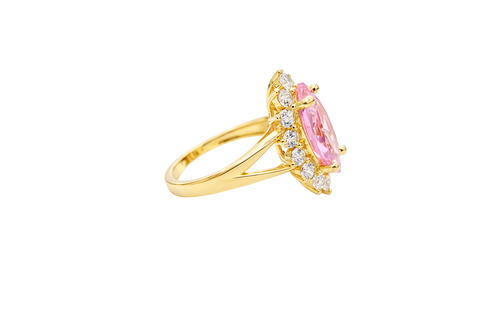 14KT Women's Gold Ring Jumbo Pink Marquise Center CZ with Round White CZ Stones Border and Plain Split Band