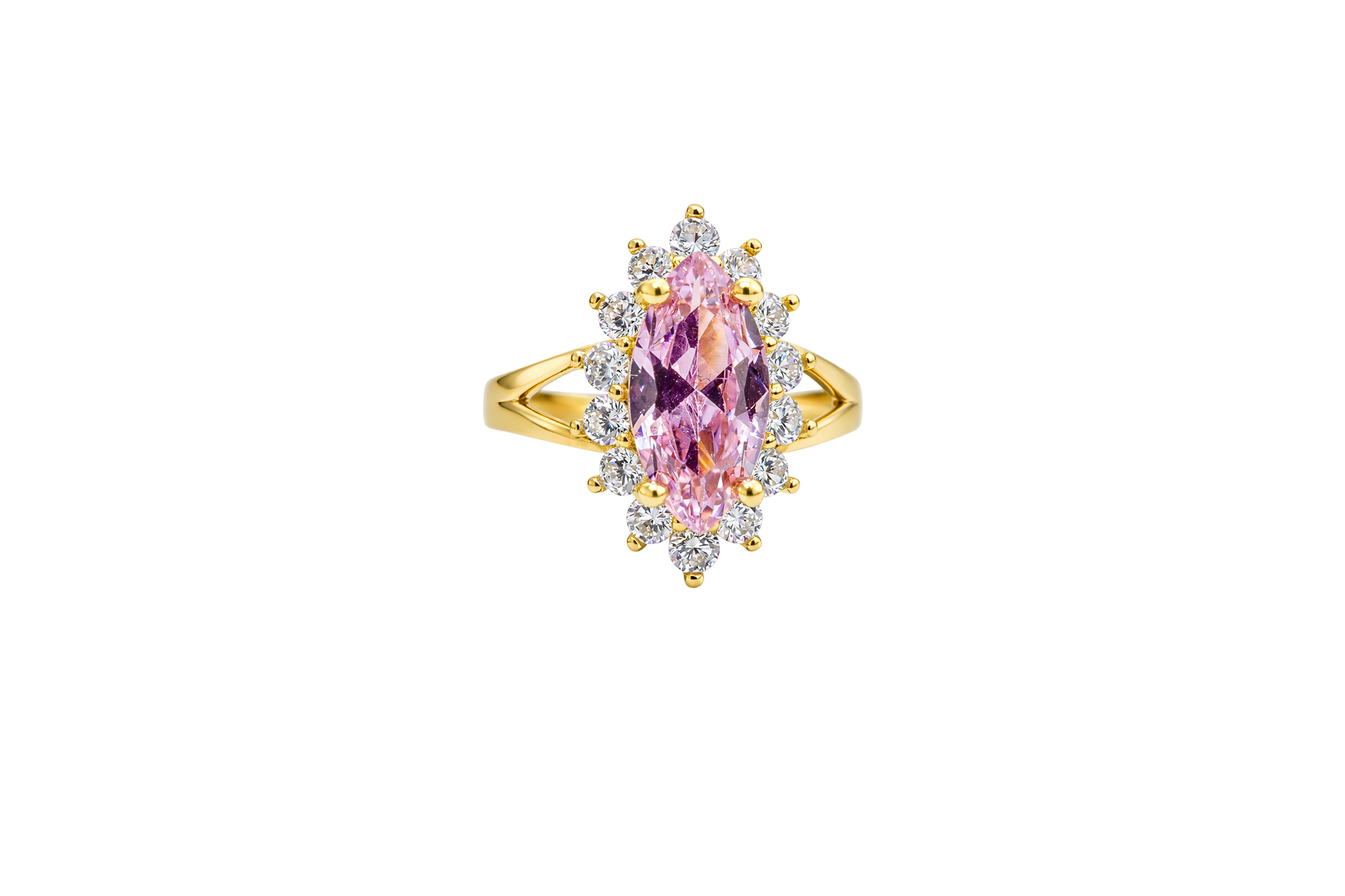 14KT Women's Gold Ring Jumbo Pink Marquise Center CZ with Round White CZ Stones Border and Plain Split Band