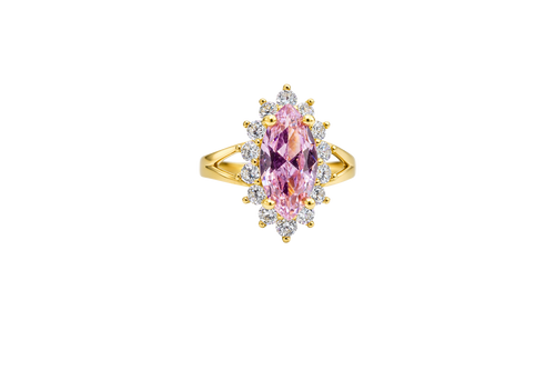 14KT Women's Gold Ring Jumbo Pink Marquise Center CZ with Round White CZ Stones Border and Plain Split Band