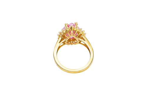 14KT Gold Ring Women's Jumbo Pear Pink Center with Round White CZ Stones Border Plain Split Band