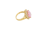 14KT Gold Ring Women's Jumbo Pear Pink Center with Round White CZ Stones Border Plain Split Band
