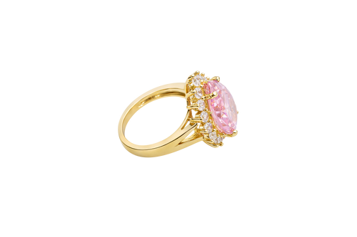 14KT Gold Ring Women's Jumbo Pear Pink Center with Round White CZ Stones Border Plain Split Band