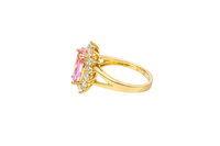 14KT Gold Ring Women's Jumbo Pear Pink Center with Round White CZ Stones Border Plain Split Band