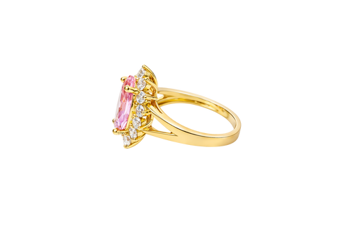 14KT Gold Ring Women's Jumbo Pear Pink Center with Round White CZ Stones Border Plain Split Band