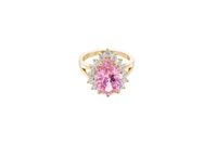 14KT Gold Ring Women's Jumbo Pear Pink Center with Round White CZ Stones Border Plain Split Band