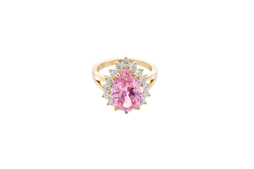 14KT Gold Ring Women's Jumbo Pear Pink Center with Round White CZ Stones Border Plain Split Band