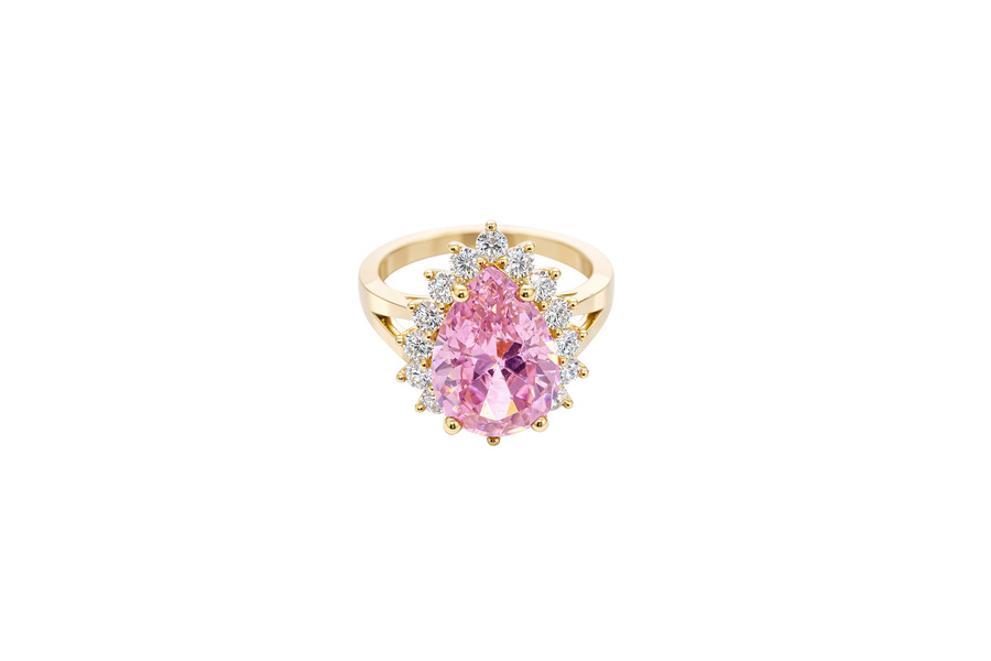 14KT Gold Ring Women's Jumbo Pear Pink Center with Round White CZ Stones Border Plain Split Band