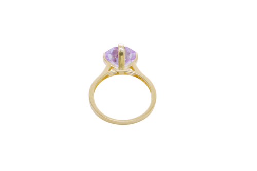 14KT Gold Ring Women's Jumbo Octagon Rose 4 Prong Purple CZ Center Stone with Round White Pave CZ Stone Band