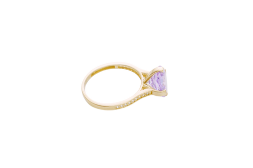 14KT Gold Ring Women's Jumbo Octagon Rose 4 Prong Purple CZ Center Stone with Round White Pave CZ Stone Band