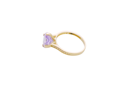 14KT Gold Ring Women's Jumbo Octagon Rose 4 Prong Purple CZ Center Stone with Round White Pave CZ Stone Band