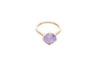 14KT Gold Ring Women's Jumbo Octagon Rose 4 Prong Purple CZ Center Stone with Round White Pave CZ Stone Band