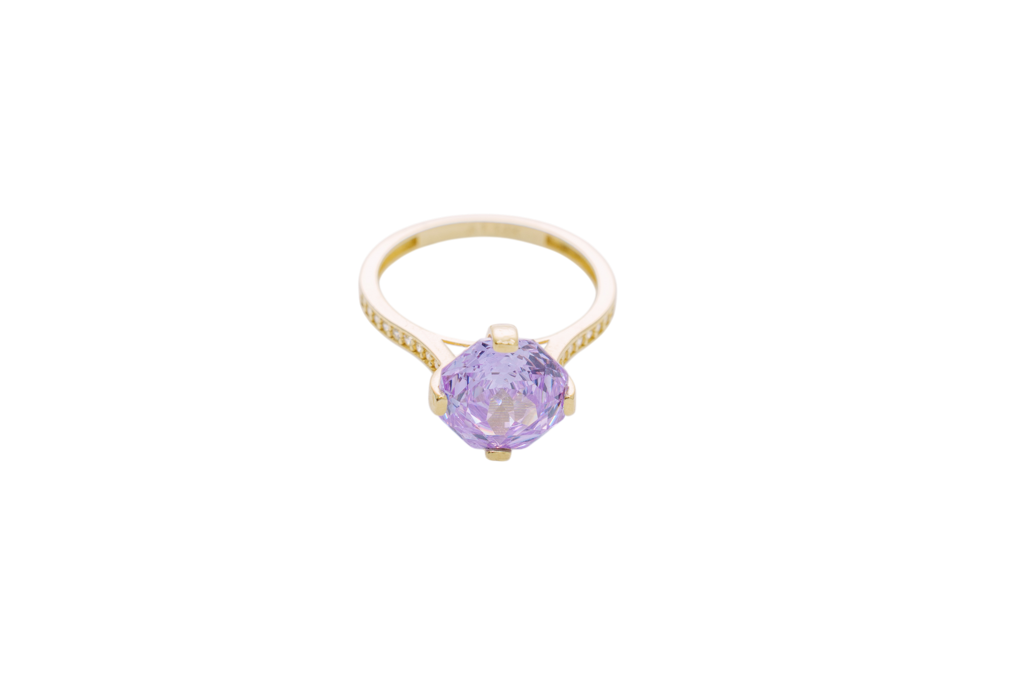 14KT Gold Ring Women's Jumbo Octagon Rose 4 Prong Purple CZ Center Stone with Round White Pave CZ Stone Band