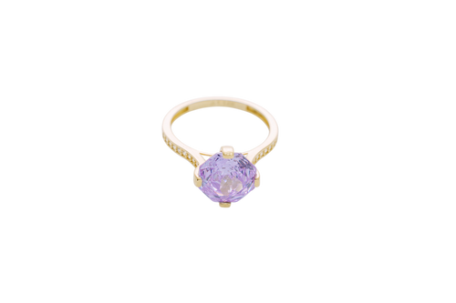 14KT Gold Ring Women's Jumbo Octagon Rose 4 Prong Purple CZ Center Stone with Round White Pave CZ Stone Band