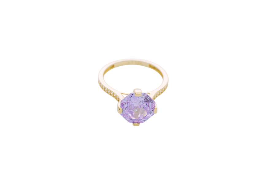 14KT Gold Ring Women's Jumbo Octagon Rose 4 Prong Purple CZ Center Stone with Round White Pave CZ Stone Band