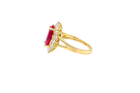 14KT Women's Gold Ring Jumbo Red Marquise Center CZ with Round White CZ Stones Border and Plain Split Band