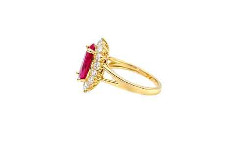 14KT Women's Gold Ring Jumbo Red Marquise Center CZ with Round White CZ Stones Border and Plain Split Band
