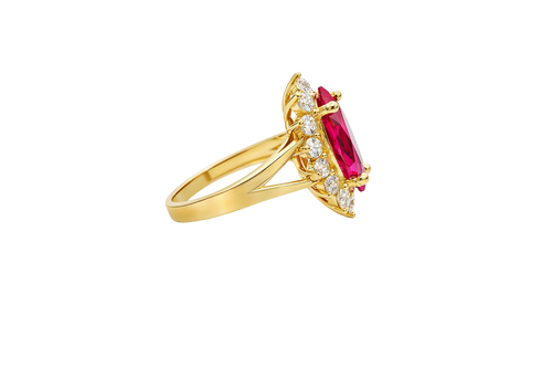 14KT Women's Gold Ring Jumbo Red Marquise Center CZ with Round White CZ Stones Border and Plain Split Band