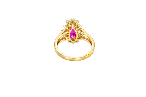 14KT Women's Gold Ring Jumbo Red Marquise Center CZ with Round White CZ Stones Border and Plain Split Band