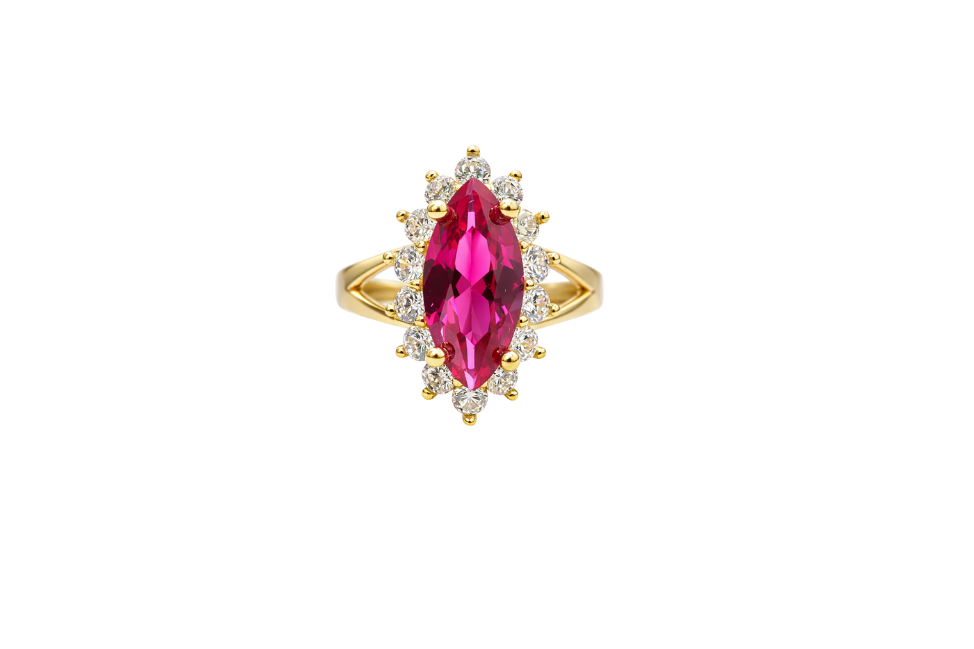 14KT Women's Gold Ring Jumbo Red Marquise Center CZ with Round White CZ Stones Border and Plain Split Band