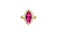 14KT Women's Gold Ring Jumbo Red Marquise Center CZ with Round White CZ Stones Border and Plain Split Band