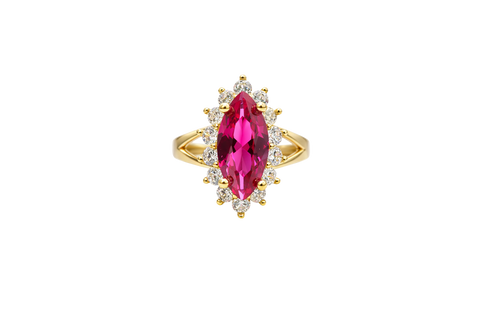 14KT Women's Gold Ring Jumbo Red Marquise Center CZ with Round White CZ Stones Border and Plain Split Band