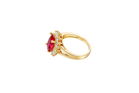 14KT Gold Ring Women's Jumbo Oval Red Center CZ Stone with Round White CZ Stones Border and Plain Split Band