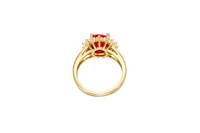 14KT Gold Ring Women's Jumbo Oval Red Center CZ Stone with Round White CZ Stones Border and Plain Split Band