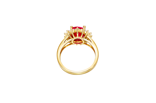 14KT Gold Ring Women's Jumbo Oval Red Center CZ Stone with Round White CZ Stones Border and Plain Split Band