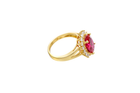 14KT Gold Ring Women's Jumbo Oval Red Center CZ Stone with Round White CZ Stones Border and Plain Split Band