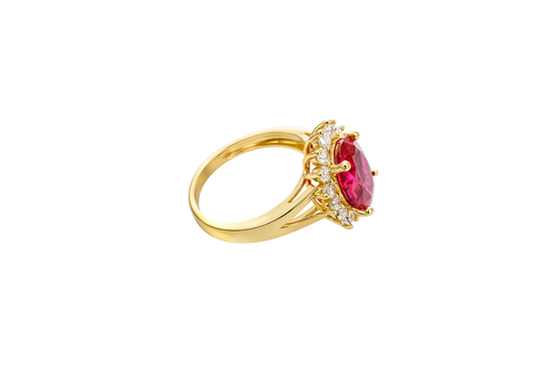 14KT Gold Ring Women's Jumbo Oval Red Center CZ Stone with Round White CZ Stones Border and Plain Split Band